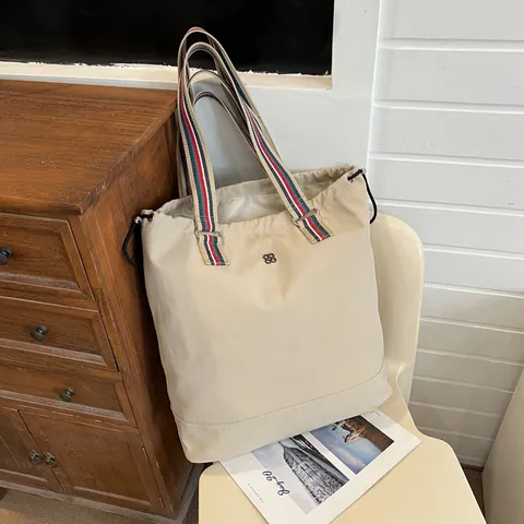 Women Large Capacity Canvas Tote Bag Striped Shoulder Straps Casual Shoulder Bag Drawstring Handbag For School Travel Daily