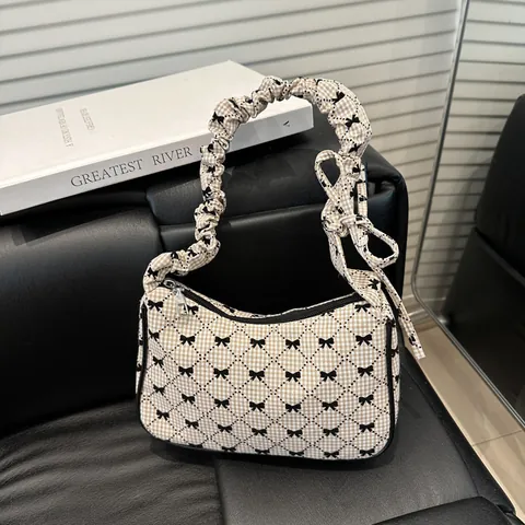 Women Gingham Bow Print Underarm Bag Retro Fabric Shoulder Bag With Scrunchie Handle Sweet Fashion Hobo Handbag For Daily