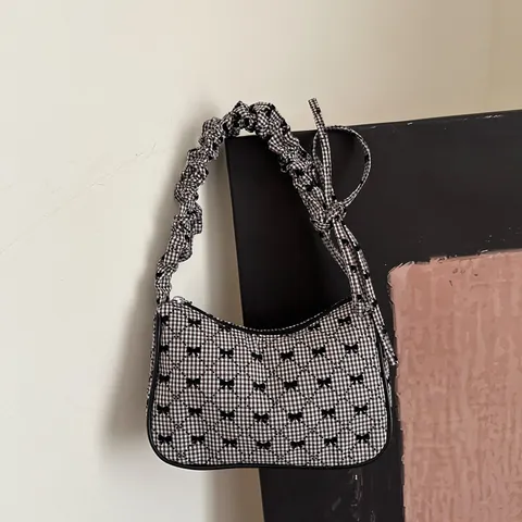 Women Gingham Bow Print Underarm Bag Retro Fabric Shoulder Bag With Scrunchie Handle Sweet Fashion Hobo Handbag For Daily
