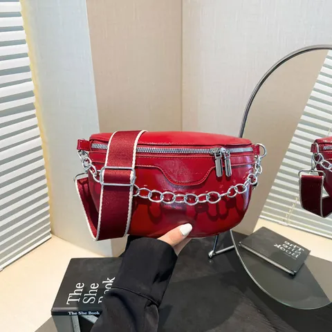 Women Fashion PU Leather Chest Bag Metal Chain Crossbody Shoulder Bag Large Capacity Korean Style Wide Strap Fanny Pack