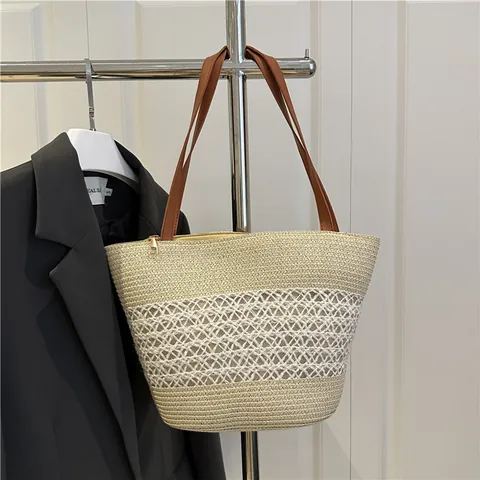 Mode Dames Stro Geweven Emmertas Zomervakantie Strand Tote Leren Schouderband Etnisch Patroon Ajour Design Rits
