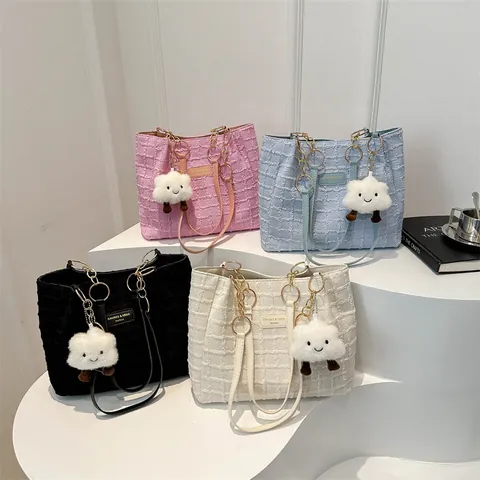 Damen Kariert Textur Tragetasche Große Kapazität Canvas Umhängetasche Mit Kette Schultergurt Wolke Anhänger Einfache Stilvolle Handtasche