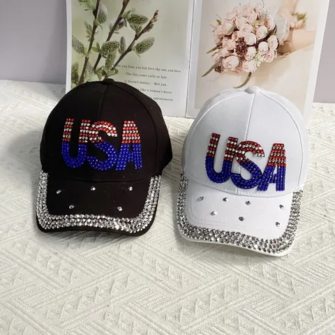 Gorra de Béisbol USA con Diamantes de Imitación para Mujeres Hombres Algodón Brillante Letra USA Sombrero de Sol Ajustable