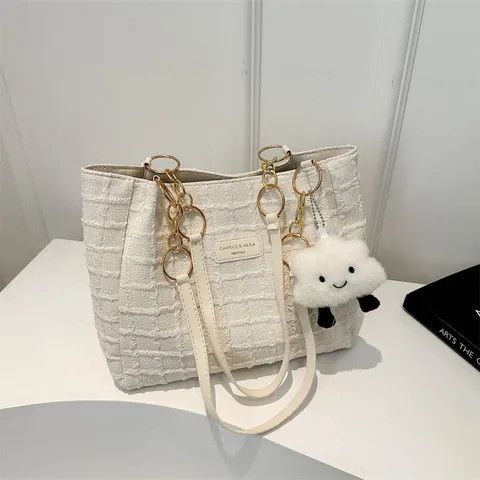 Dames Geruit Textuur Draagtas Grote Capaciteit Canvas Schoudertas Met Ketting Schouderband Wolk Hanger Eenvoudige Stijlvolle Handtas
