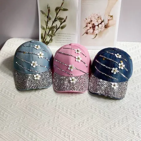 Women Fashion Denim Baseball Cap With Rhinestones And 3D Flower Decoration Bling Shiny Adjustable Outdoor Sun Protection Hat Gift