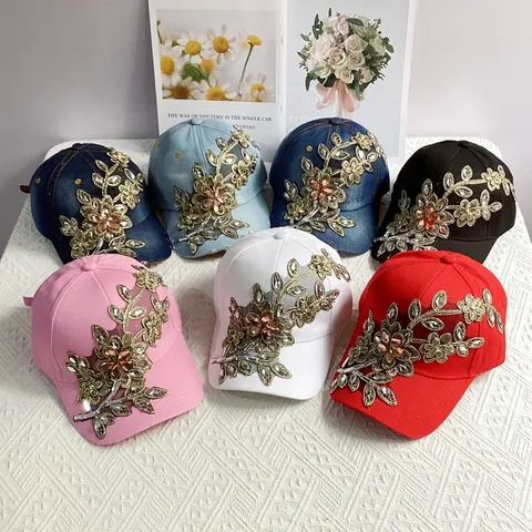 Berretto da Baseball da Donna con Fiori di Strass Fatti a Mano in Denim Cotone Regolabile Cappello da Sole alla Moda Stile Etnico