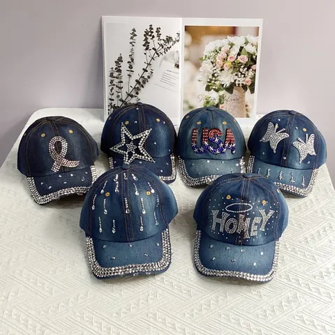 Casquette de Baseball en Denim à Strass Personnalisée pour Femmes Chapeau de Soleil en Coton Délavé Usé USA Love Honey Fashion Casquette Streetwear Réglable