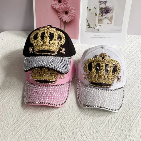 Luxurious Crown Embroidery Baseball Cap With Pearl Rhinestone Sequin Cotton Denim Adjustable Sun Hat For Women Men Streetwear