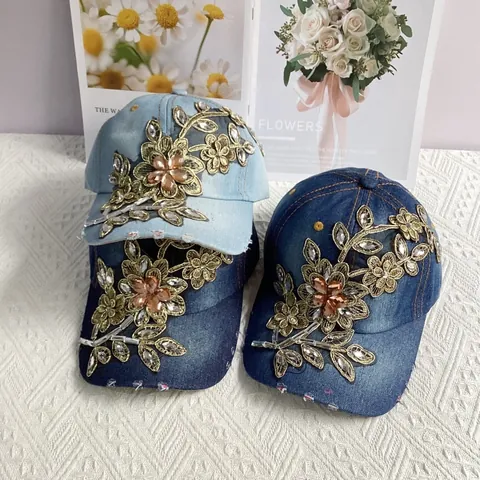 Berretto da Baseball da Donna con Fiori di Strass Fatti a Mano in Denim Cotone Regolabile Cappello da Sole alla Moda Stile Etnico