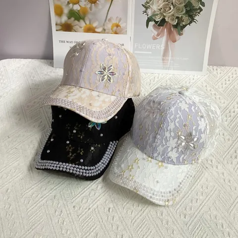 Damen Baseballkappe Mit Floral Spitzenstickerei Kunstperlen Strassverzierung Atmungsaktiv Verstellbar Sonnenschutz Mode Hut