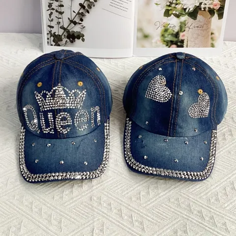 Women Fashion Denim Baseball Cap Rhinestone USA LOVE Butterfly Heart Pattern Distressed Washed Cotton Adjustable Outdoor Hat