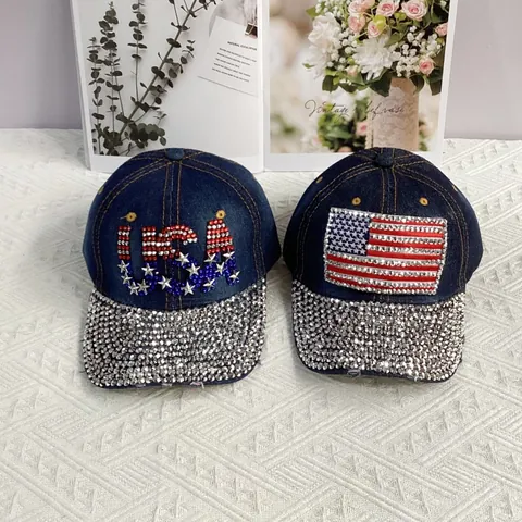 Women Denim Baseball Cap Rhinestone USA Flag Ribbon USA Letter Distressed Washed Adjustable Sun Hat Fashion Accessory