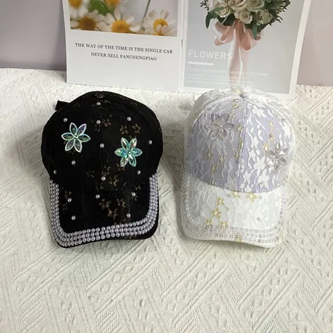 Damen Baseballkappe Mit Floral Spitzenstickerei Kunstperlen Strassverzierung Atmungsaktiv Verstellbar Sonnenschutz Mode Hut