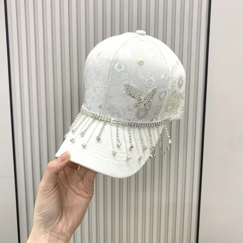Women Fashion Satin Jacquard Baseball Cap With Rhinestone Butterfly And Tassel Fringe Sunshade Hat Elegant Party Travel Cap
