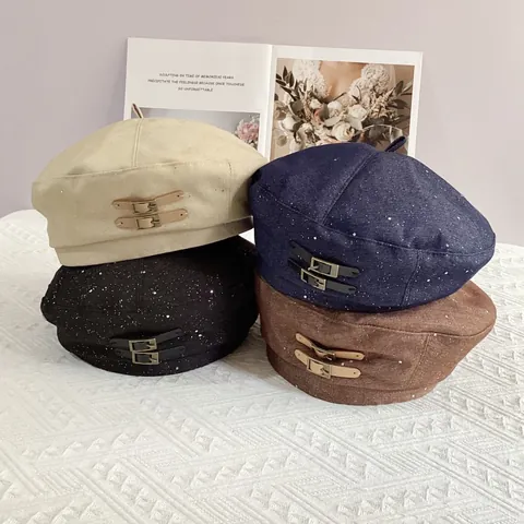 Vintage Damen Baskenmütze Aus Baumwolle Polyester Mit Lederschnalle Glitzernder Malerhut Retro Mode Kürbis Kappe