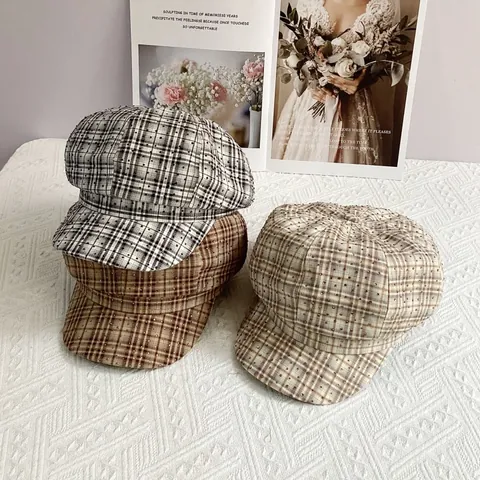Gorra de Vendedor de Periódicos Vintage a Cuadros para Mujer con Diamantes de Imitación Brillantes Boina Octogonal Estilo Británico