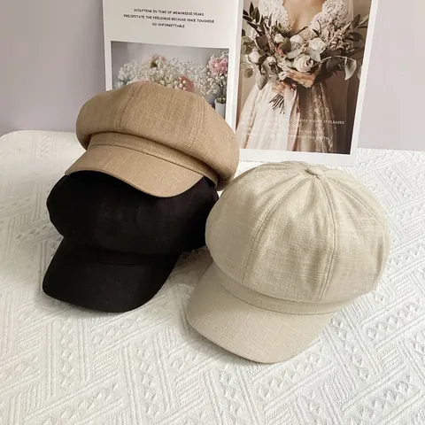 Vintage Cotton Linen Newsboy Cap For Women Breathable Solid Color Octagonal Beret Hat Casual Short Brim Spring Autumn Fashion