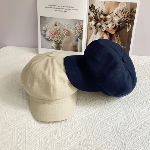 Vintage Cotton Linen Newsboy Cap For Women Breathable Solid Color Octagonal Beret Hat Casual Short Brim Spring Autumn Fashion