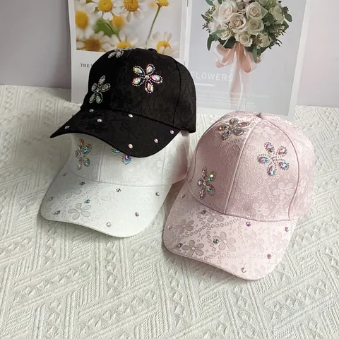 Gorra de Béisbol de Satén Floral Elegante para Mujer con Flores de Strass Brillantes Sombrero Parasol de Verano