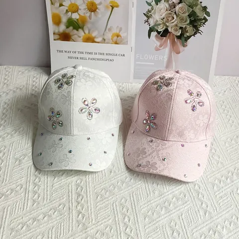 Gorra de Béisbol de Satén Floral Elegante para Mujer con Flores de Strass Brillantes Sombrero Parasol de Verano