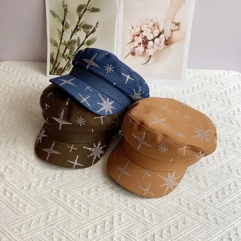 Cappello da Donna alla Moda con Stelle e Strass Berretto da Strillone a Cima Piatta in Cotone Denim Twill Regolabile per Viaggi