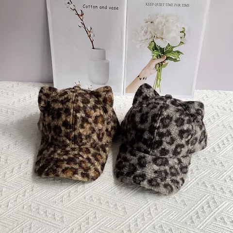 Vrouwen Luipaardprint Kattenoren Honkbalpet Faux Kasjmier Verdikte Warme Winter Buiten Pet Verstelbare Mode Hoofdbedekking