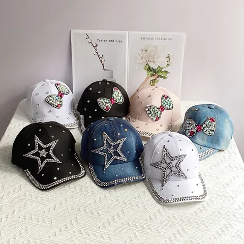 Women Rhinestone Bow Denim Baseball Cap Artificial Pearl Pentagram Sparkle Sun Hat Luxury Adjustable Polyester Outdoor Peak Cap
