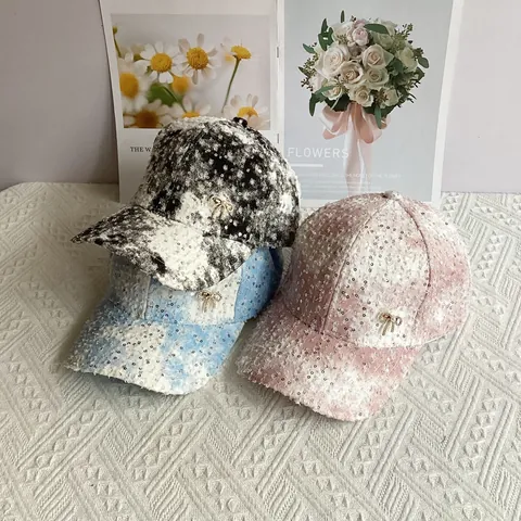 Women's Sequined Tweed Baseball Cap With Artificial Pearl Bowknot Adjustable Breathable Sun Hat Elegant Sparkling Fashion Accessories