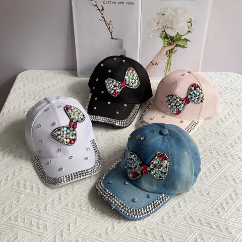 Women Rhinestone Bow Denim Baseball Cap Artificial Pearl Pentagram Sparkle Sun Hat Luxury Adjustable Polyester Outdoor Peak Cap
