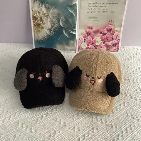 Casquette de Baseball Mignonne en Laine d'Agneau Avec Oreilles de Chiot 3D Expression de Chien Brodée Bonnet d'Hiver Chaud pour Femmes Adolescentes