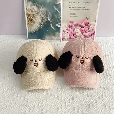 Casquette de Baseball Mignonne en Laine d'Agneau Avec Oreilles de Chiot 3D Expression de Chien Brodée Bonnet d'Hiver Chaud pour Femmes Adolescentes