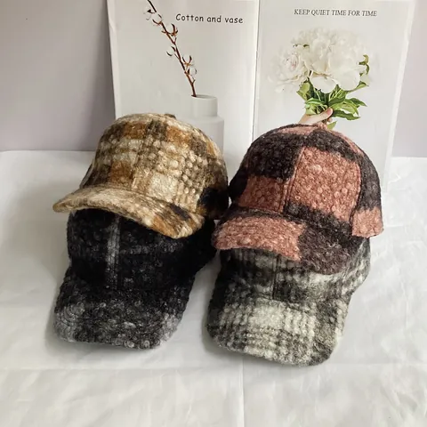 Gorra de Béisbol de Vellón Teddy a Cuadros para Mujer Otoño Invierno Estilo Japonés Coreano Bloque de Color Cálida Ajustable