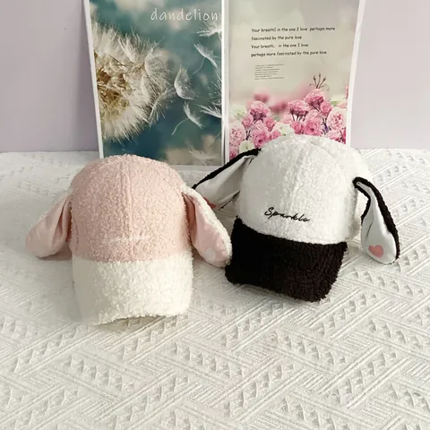 Cute Long Ear Rabbit Embroidery Sherpa Baseball Cap For Women Winter Warm Plush Contrast Color Sparkle Embroidery Hat