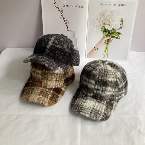 Gorra de Béisbol de Vellón Teddy a Cuadros para Mujer Otoño Invierno Estilo Japonés Coreano Bloque de Color Cálida Ajustable