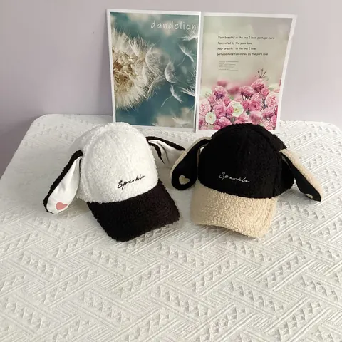 Cute Long Ear Rabbit Embroidery Sherpa Baseball Cap For Women Winter Warm Plush Contrast Color Sparkle Embroidery Hat