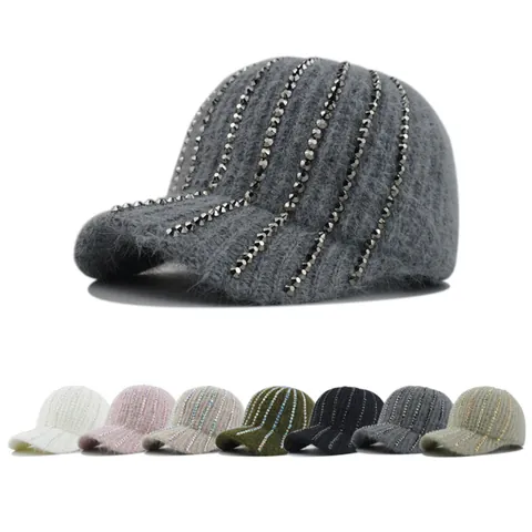 Casquette Baseball in Maglia con Strass da Donna Invernale Calda Peluche a Righe con Visiera Berretto Termico Regolabile