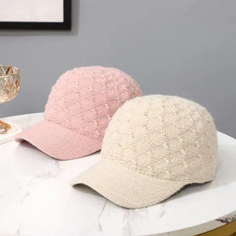 Women's Chic Knit Baseball Cap Rhinestone Geometric Pattern Warm Autumn Winter Adjustable Soft Acrylic Outdoor Fashion Hat