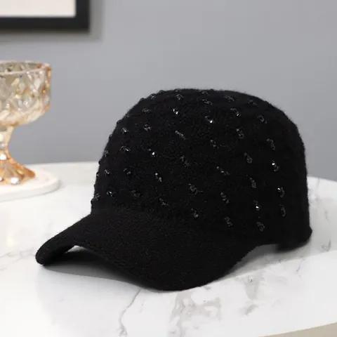 Women's Chic Knit Baseball Cap Rhinestone Geometric Pattern Warm Autumn Winter Adjustable Soft Acrylic Outdoor Fashion Hat