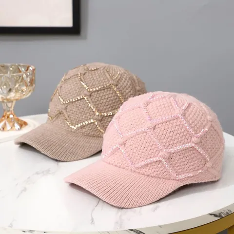 Women Knitted Baseball Cap With Rhinestone Diamond Lattice Winter Warm Fashion Acrylic Tongue Hat For Ladies Outdoor Casual