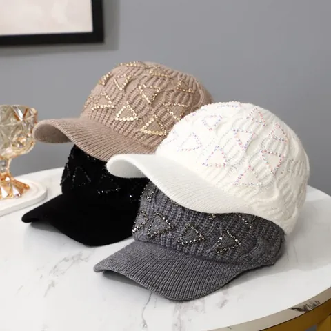 Women Rhinestone Triangle Knitted Baseball Cap Winter Warm Cable Knit Peaked Hat Fashion Outdoor Casual Beanie With Brim