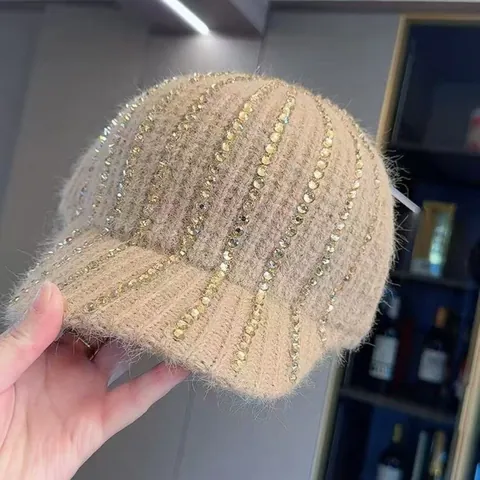 Casquette Baseball in Maglia con Strass da Donna Invernale Calda Peluche a Righe con Visiera Berretto Termico Regolabile
