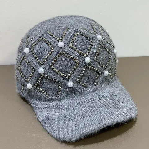 Berretto da Baseball in Maglia di Acrilico da Donna Con Strass e Künstliche Perle Caldo Inverno Autunno Regolabile Outdoor Hat