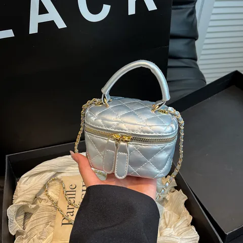 Women's Quilted PU Leather Mini Vanity Box Bag Fashion Chain Shoulder Crossbody Makeup Bag Luxury Small Handbag