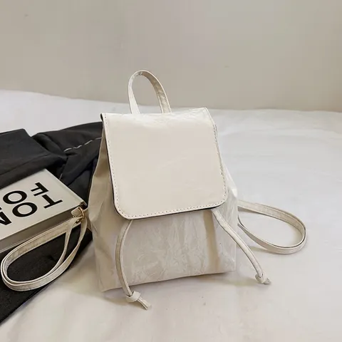 Vintage Wrinkled Texture PU Leather Mini Backpack For Women Urban Simple Drawstring Flap Fashion Casual School Bag