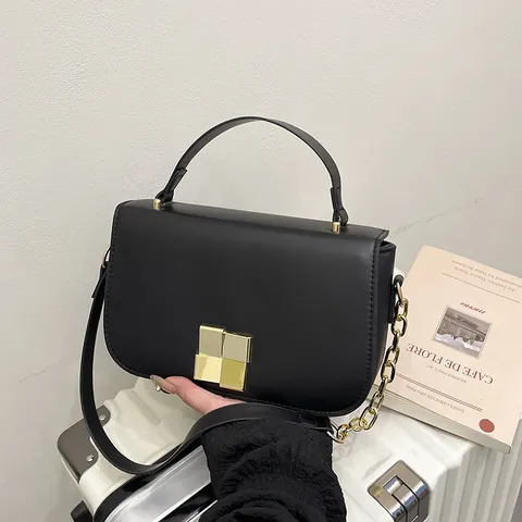 Bolso Bandolera Pequeño de Cuero PU para Mujer Con Cadena Dorada y Cierre Cuadrado Bolso de Hombro Elegante