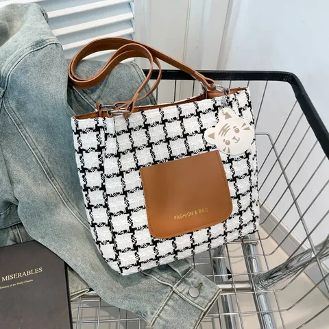 Damen Große Kapazität Hahnentritt Tragetasche Tweed Gitter Schultertasche Mit Katzenanhänger Lässig Pendeln Mode Handtasche