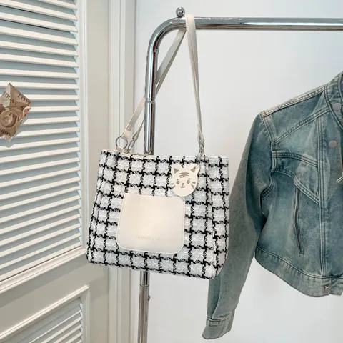 Damen Große Kapazität Hahnentritt Tragetasche Tweed Gitter Schultertasche Mit Katzenanhänger Lässig Pendeln Mode Handtasche
