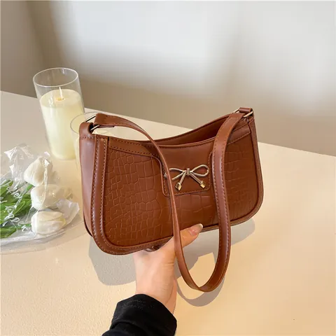 Bolso de Axila de Cuero PU con Patrón de Cocodrilo para Mujer Lazo de Moda Bolso Baguette Bolso de Hombro Casual Urbano