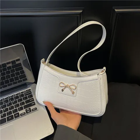 Bolso de Axila de Cuero PU con Patrón de Cocodrilo para Mujer Lazo de Moda Bolso Baguette Bolso de Hombro Casual Urbano