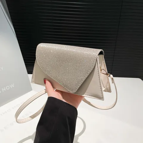 Damen Minimalistische PU Leder Kleine Quadratische Tasche Glitzer Klappe Kontrastnähte Schulter Umhängetasche Party Handtasche
